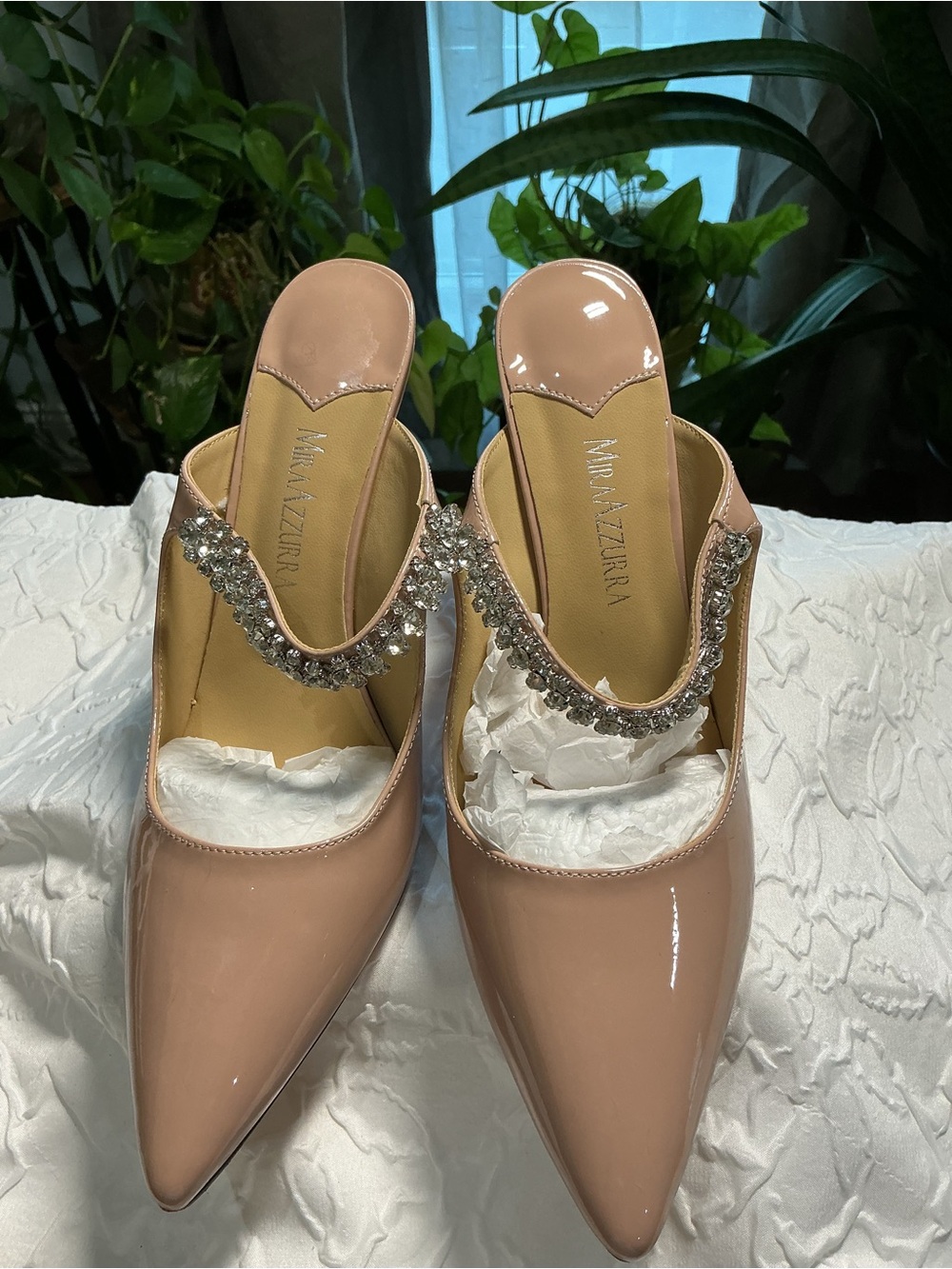 Patent Nude-Pink Pointed Mule with Crystal Chain